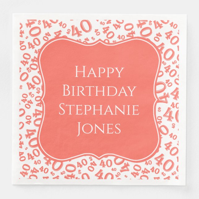 40th Birthday Coral/White Bracket Number Pattern Napkin (Front)
