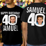 40th birthday custom name photo template white  T-Shirt<br><div class="desc">Happy 40th Birthday white text, custom front, and back photo, and name on th dark colour of your choice t-shirt. Fun 40th personalized photo in bold black and contrasting white birthday tee design. Personalize this birthday shirt with two photographs of the birthday person in the middle of the number 0...</div>