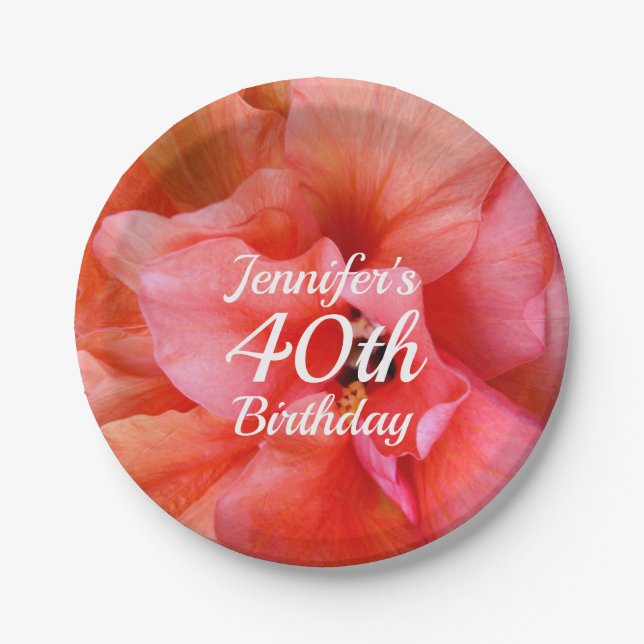 40th Birthday Custom Name Tropical Flower Photo Paper Plate (Front)