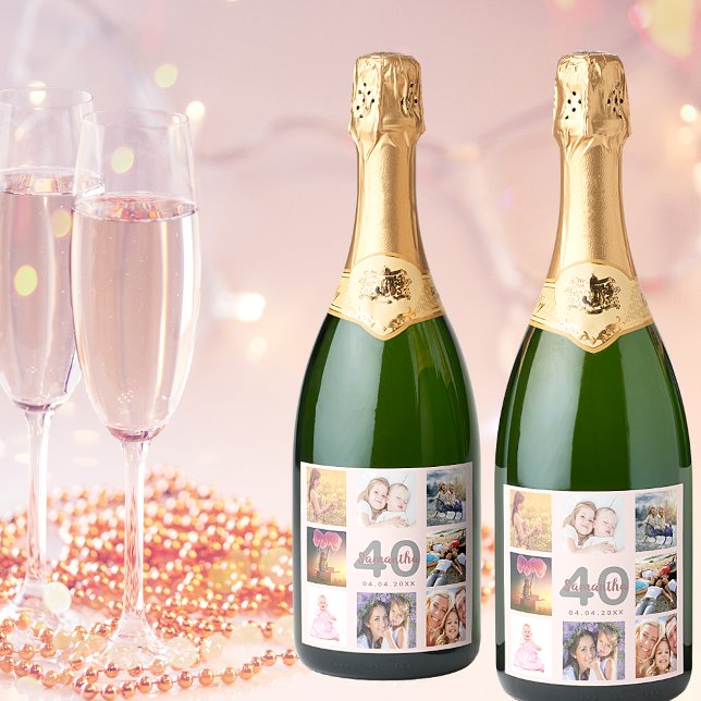 40th birthday custom photo collage rose gold name sparkling wine label (Creator Uploaded)