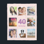 40th birthday custom photo collage rose gold pink fleece blanket<br><div class="desc">A gift for a woman's 40th birthday, celebrating her life with a collage of 8 of your photos of her friends, family, interest or pets. Personalize and add her name, age 40 and a date. Date of birth or the date of the birthday party. Pink and purple coloured letters. Girly...</div>