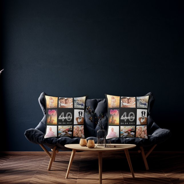 40th birthday custom photo collage woman black throw pillow (Creator Uploaded)
