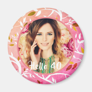 40th birthday custom photo pink botanical pattern magnet