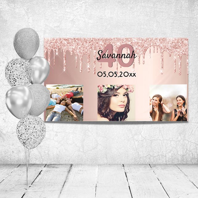 40th birthday custom photo rose gold pink glitter banner (Creator Uploaded)