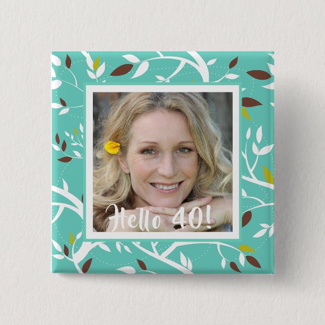 40th birthday custom photo teal botanical retro 2 inch square button (Front)