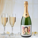 40th birthday custom photo white black sparkling wine label<br><div class="desc">A slim white and black frame and template for Your photo.  Black text overlay: Hello 40!  A label for a 40th birthday party.</div>