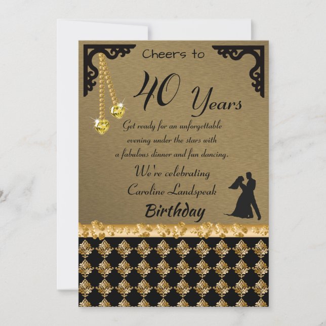 40th Birthday Dance Party Yellow Heart Gems Damask Invitation (Front)