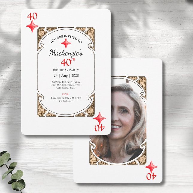 40th Birthday Diamond Playing Card Invitation (40th birthday party invitation with an art deco style design on a grey wood background.)