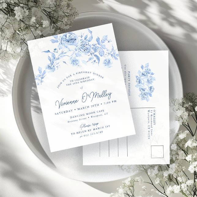 40th Birthday Dinner Party Blue Floral Invitation Postcard (Creator Uploaded)