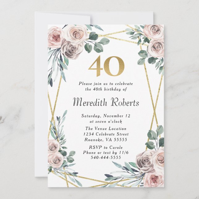 40th Birthday Dusty Rose Floral Eucalyptus Party Invitation (Front)