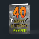 40th Birthday: Eerie Halloween Theme   Custom Name Card<br><div class="desc">The front of this spooky and scary Halloween themed birthday greeting card design features a large number “40”. It also features the message “HAPPY BIRTHDAY, ”, plus a customizable name. There are also depictions of a ghost and a bat on the front. The inside features a custom birthday greeting message,...</div>