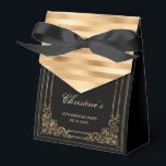 40th Birthday Elegant Black Gold Framed Script Favor Box<br><div class="desc">Thank birthday party guests with these elegant favour boxes, featuring an ornate rectangular faux gold frame a black background, with a faux gold foil and satin striped back and flap. Personalize them with the guest of honour's name in gold coloured script, along with the occasion and date in gold copperplate...</div>