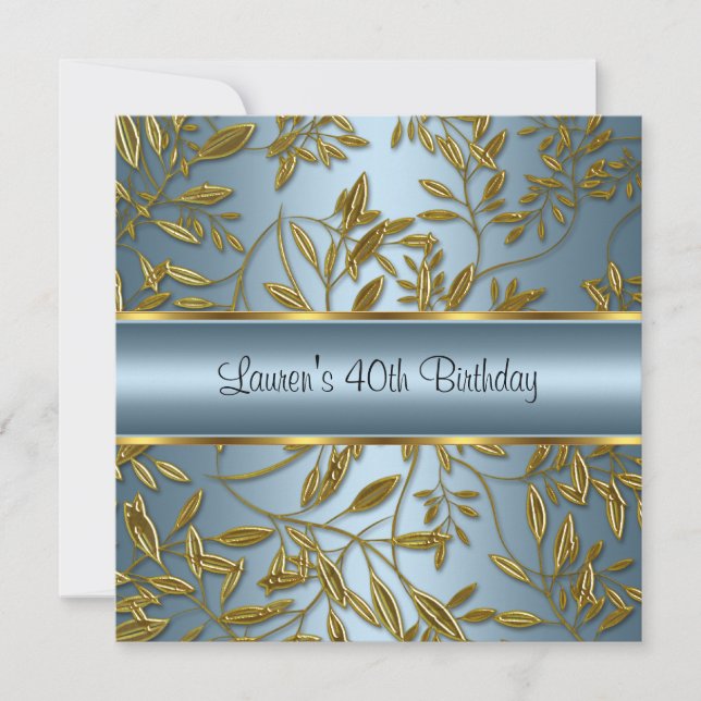 40th Birthday Elegant Blue Gold Floral Invitation (Front)