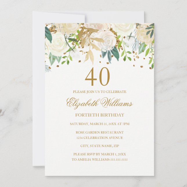 40th Birthday Elegant Gold Floral Invitation (Front)