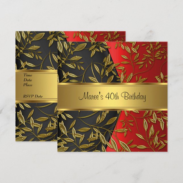 40th Birthday Elegant Red Gold Floral Black Invitation (Front/Back)
