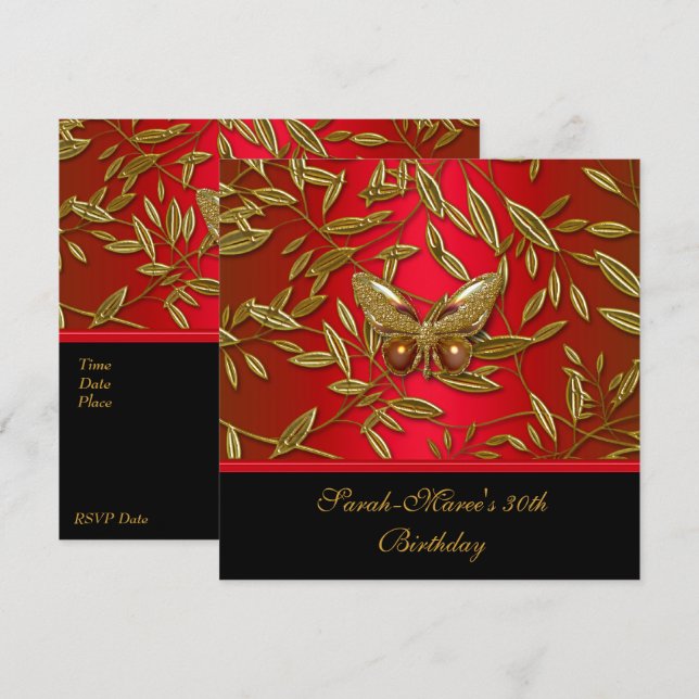 40th Birthday Elegant Rich Red Black Butterfly Invitation (Front/Back)