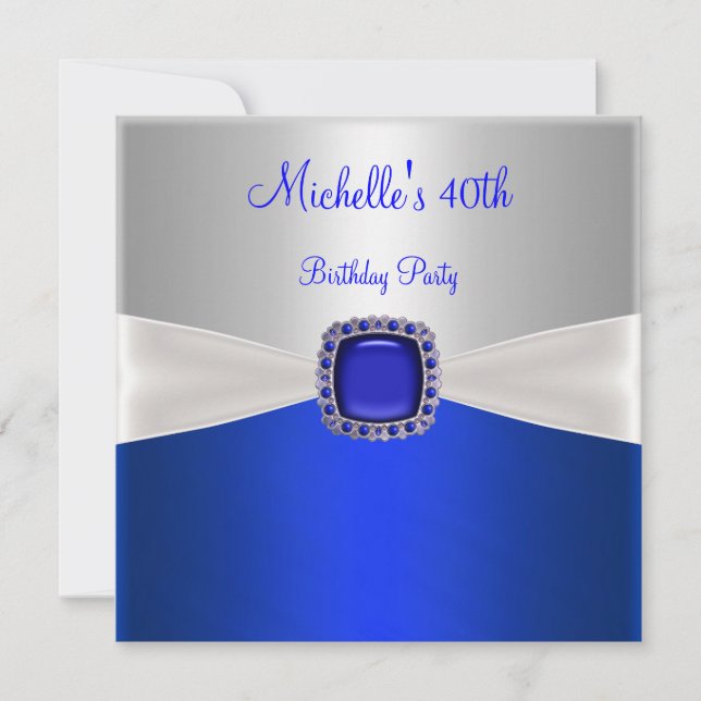 40th Birthday Elegant Silver White Blue Jewel Invitation (Front)
