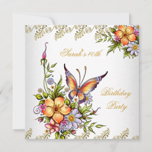 40th Birthday Elegant White Pink Yellow Flowers Invitation