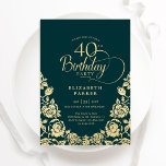 40th Birthday Emerald Green Gold Roses Invitation<br><div class="desc">Emerald green gold elegant 40th birthday party invitation. Classy design featuring roses,  faux gold foil and typography script font. Trendy invite card perfect for a stylish female bday celebration. Personalize with your own details. Can be customized to any age. Printed Zazzle invitations or instant download digital printable template.</div>
