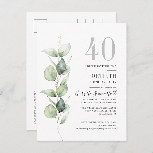 40th Birthday Eucalyptus Botanical Party Invitation Postcard (Front/Back)