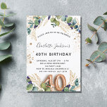 40th birthday eucalyptus greenery glitter elegant invitation<br><div class="desc">For a 40th birthday party. A white background decorated with eucalyptus greenery and golden leaves. Golden faux glitter spots. Personalize and add your names and wedding details. Black and golden coloured letters. Number 40 is written with balloon style font.
Back: white background and golden faux glitter spots</div>