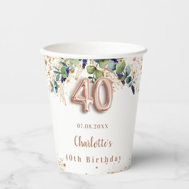 40th birthday eucalyptus greenery glitter name paper cups (Front)