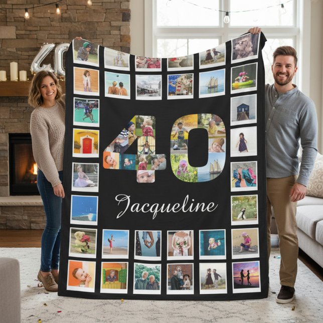 40th Birthday Family Photo 40 Collage Huge Fleece Blanket (Large 40th birthday photo blanket held up by a couple.)