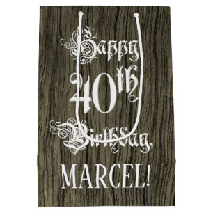 40th Birthday: Fancy, Faux Wood Look + Custom Name Medium Gift Bag