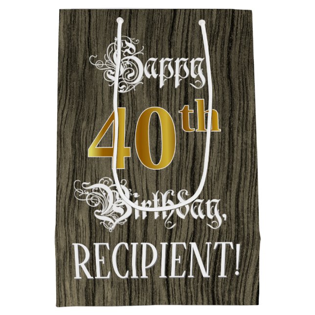 40th Birthday: Faux Gold Look & Faux Wood Pattern Medium Gift Bag (Back)