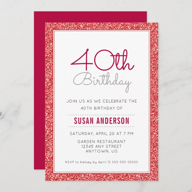 40th Birthday Faux Red Glitter Invitation (Front/Back)