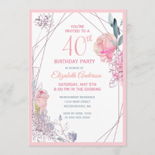 40th Birthday Floral Blush Rose Watercolor Party Invitation