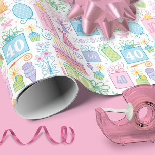 40th Birthday Floral Cake Balloons Hat Presents Wrapping Paper