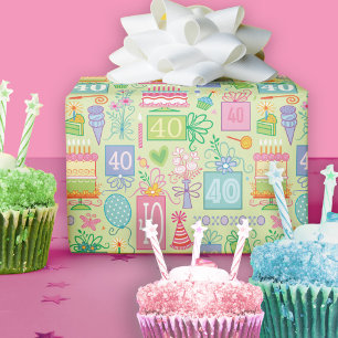40th Birthday Floral Cake Balloons Hat Presents  Wrapping Paper