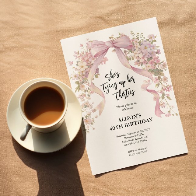 40th Birthday Floral Ribbon Bow Invitation (40th birthday invitation on table top next to a cup and saucer.)
