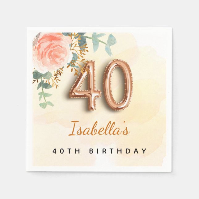 40th birthday floral rose gold eucalyptus monogram napkin (Front)