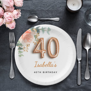 40th birthday floral rose gold eucalyptus monogram paper plate