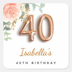 40th birthday floral rose gold eucalyptus monogram square sticker