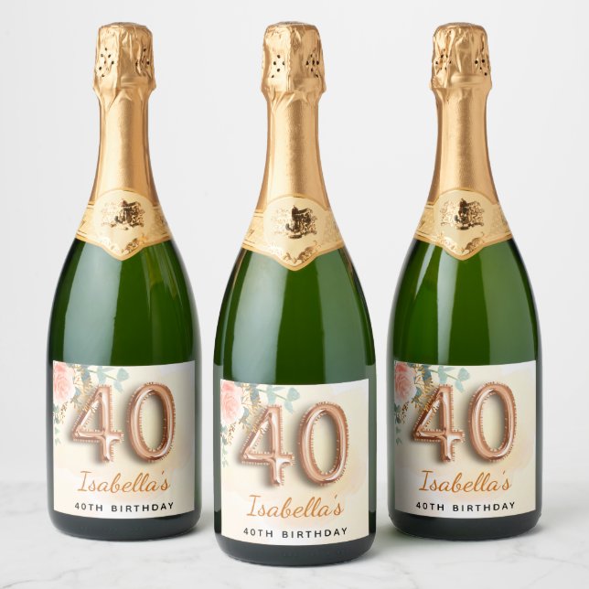 40th birthday floral rose gold eucalyptus name sparkling wine label (Bottles)