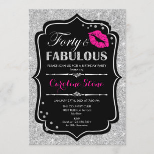 40th Birthday - Forty Fabulous Black Pink Silver Invitation