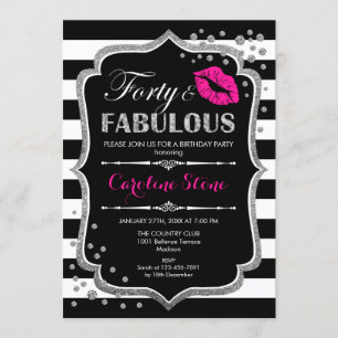 40th Birthday - Forty Fabulous Black Pink Silver Invitation