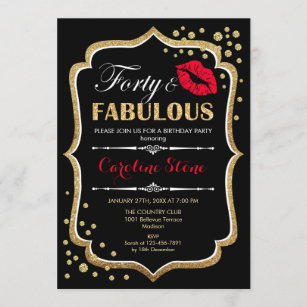 40th Birthday - Forty Fabulous Gold Black Red Invitation
