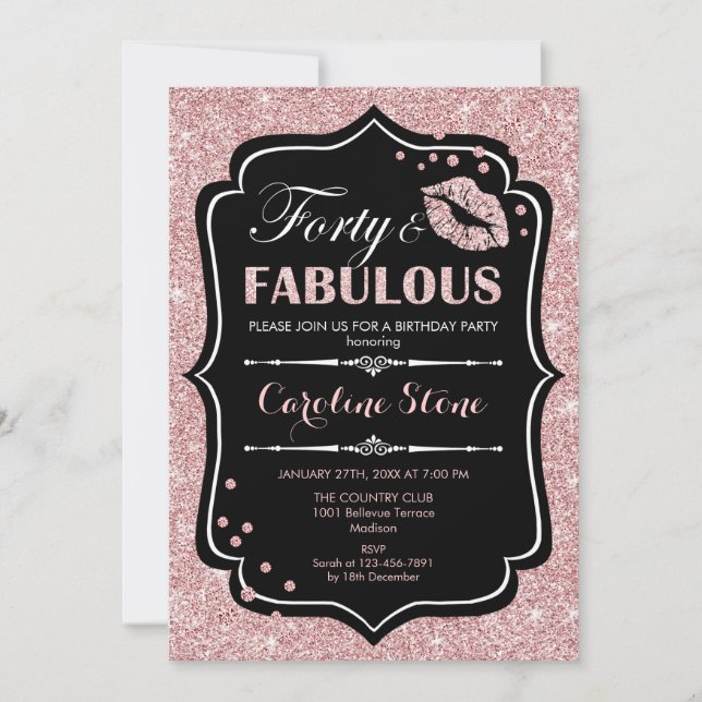 40th Birthday - Forty Fabulous Rose Gold Black Invitation (Front)