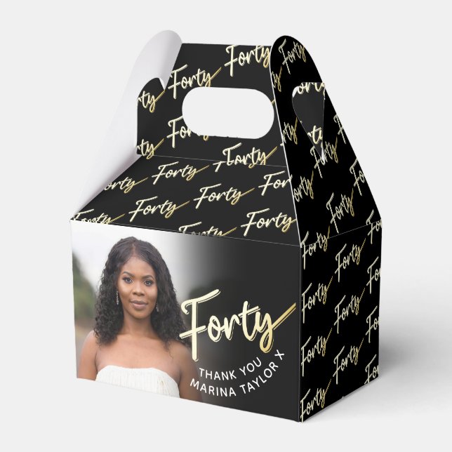 40th birthday Forty script gold black photo Favor Box (Front Side)