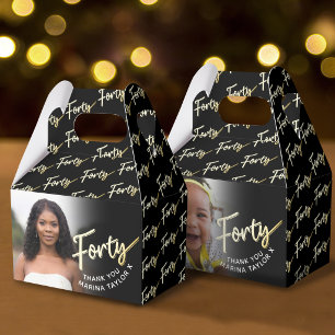 40th birthday Forty script gold black photo Favor Box