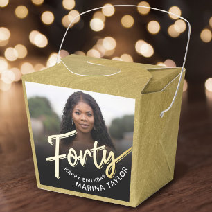 40th birthday Forty script gold black photo Favor Box