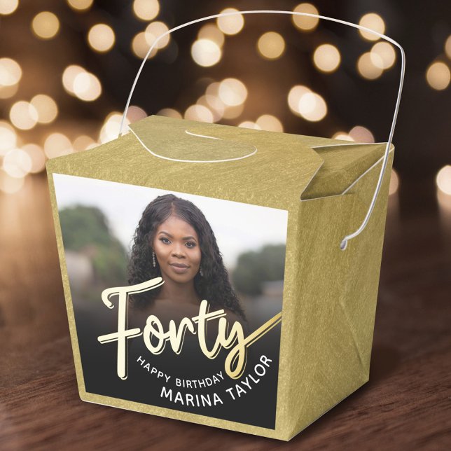 40th birthday Forty script gold black photo  Favor Box (Creator Uploaded)