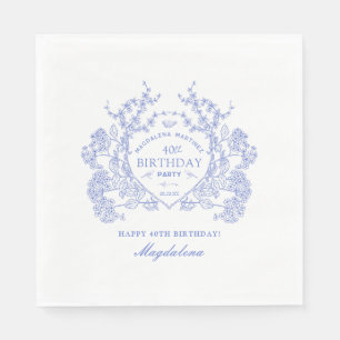40th Birthday French Blue Floral Crest Custom Napkin