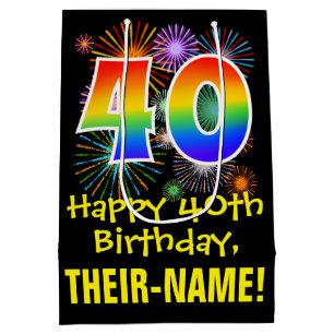 40th Birthday: Fun Fireworks Pattern + Rainbow 40 Medium Gift Bag