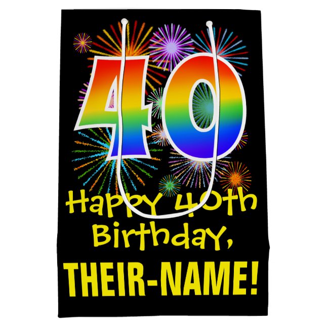 40th Birthday: Fun Fireworks Pattern + Rainbow 40 Medium Gift Bag (Back)