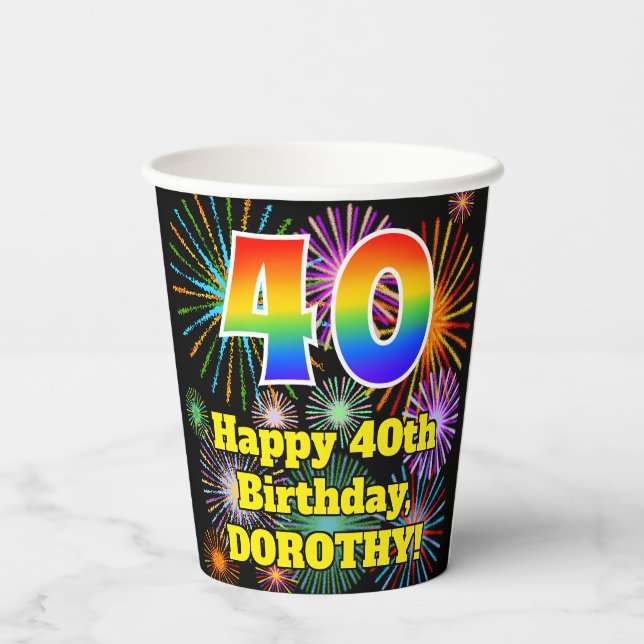 40th Birthday: Fun Fireworks Pattern + Rainbow 40 Paper Cups (Back)